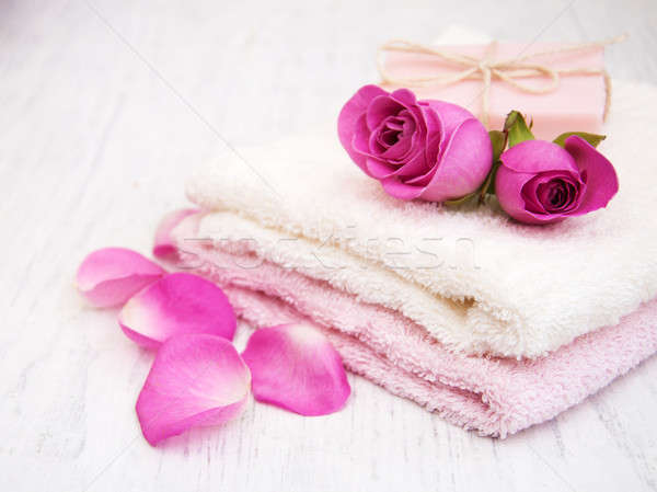 ストックフォト: バス · タオル · 石鹸 · ピンク · バラ · 古い