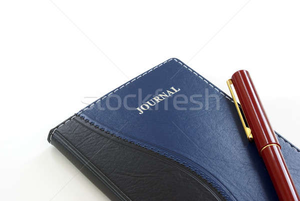Stilou jurnal piele afaceri fundal albastru Imagine de stoc © AlphaBaby