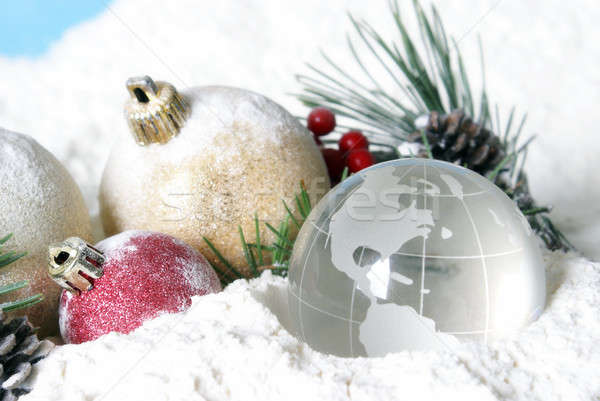 Snowy Christmas Pines Baubles and Globe Stock photo © AlphaBaby