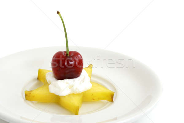 Gyümölcs desszert darab tejszínhab cseresznye háttér Stock fotó © AlphaBaby