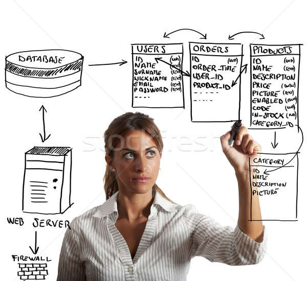 Base de datos mujer de negocios dibujo estructura negocios ordenador Foto stock © alphaspirit