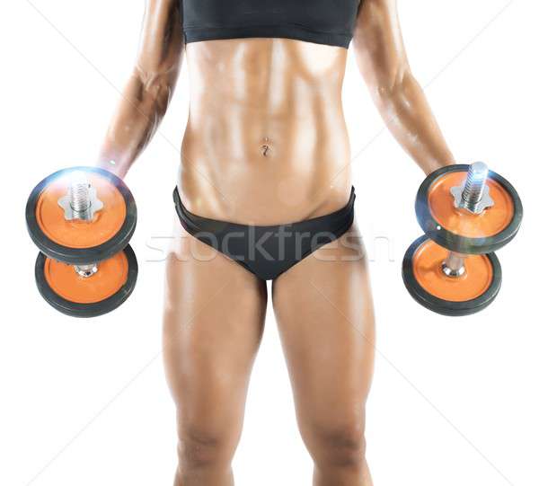 Bauch- Frau muskuläre halten Gewichte starken Stock foto © alphaspirit