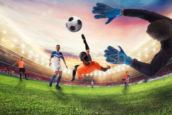 Soccer striker hits the ball with an acrobatic bicycle kick. 3D Rendering Stock photo © alphaspirit