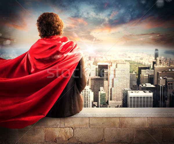 üzletember szuperhős férfi köpeny felülnézet város Stock fotó © alphaspirit