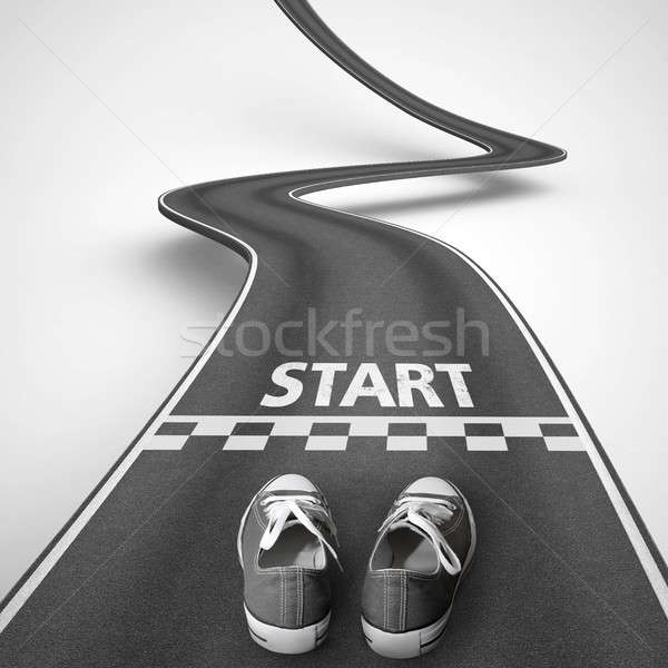 Shoes ready to start along a winding road. 3D Rendering Stock photo © alphaspirit
