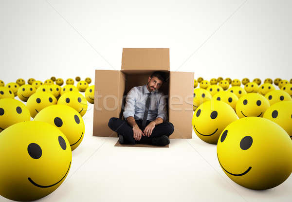 Alone desperate businessman in the middle of happy smileys . 3D Rendering Stock photo © alphaspirit