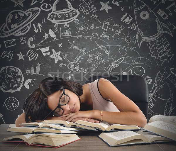 Tanár csillagászat alszik könyvek könyv munka Stock fotó © alphaspirit