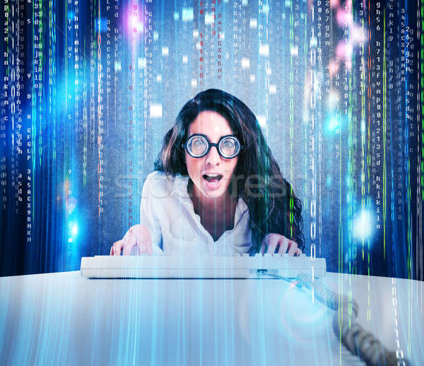 Stréber hacker nő szemüveg számítógép billentyűzet számítógép Stock fotó © alphaspirit