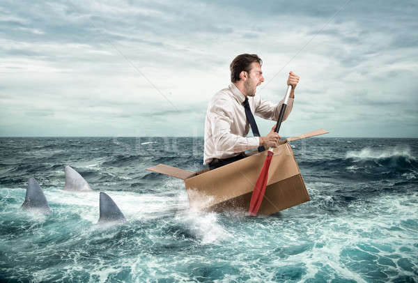 Menekülés válság üzletember sikít cápák karton Stock fotó © alphaspirit