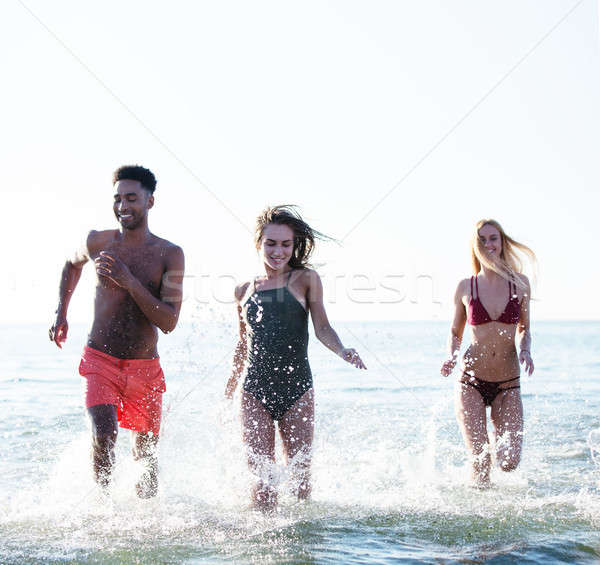 Stockfoto: Groep · vrienden · lopen · zee · zomertijd · Blauw