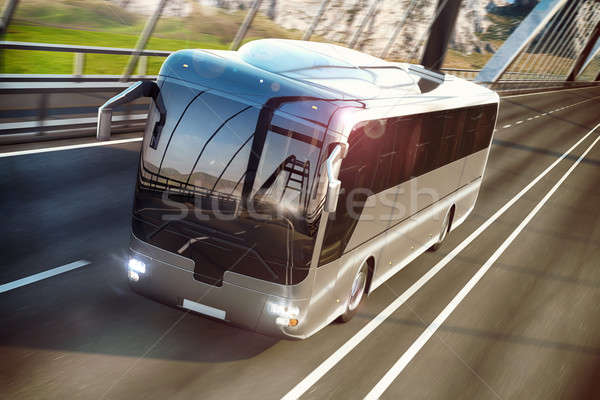 Realistic image of grey bus on the road. Business Travel Concept. Road bridge 3D rendering Stock photo © alphaspirit