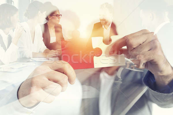 Foto stock: Trabajo · en · equipo · socios · integración · inicio · piezas · del · rompecabezas · doble