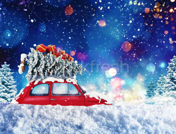 Vintage car with Christmas tree and presents with night light. 3d rendering Stock photo © alphaspirit