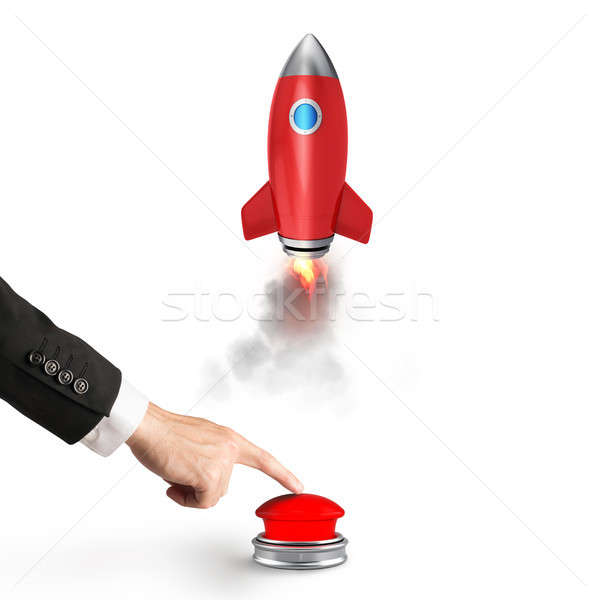 Businessman launches rocket pushing a red button. 3D Rendering Stock photo © alphaspirit