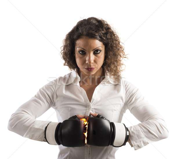 Foto stock: Determinado · empresária · luvas · de · boxe · mulher · menina · trabalhar