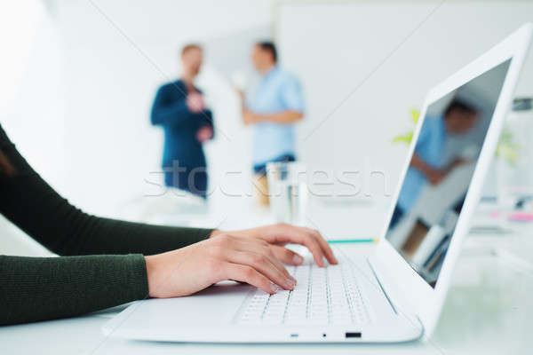 Girl works on a laptop. Concept of internet sharing and interconnection Stock photo © alphaspirit