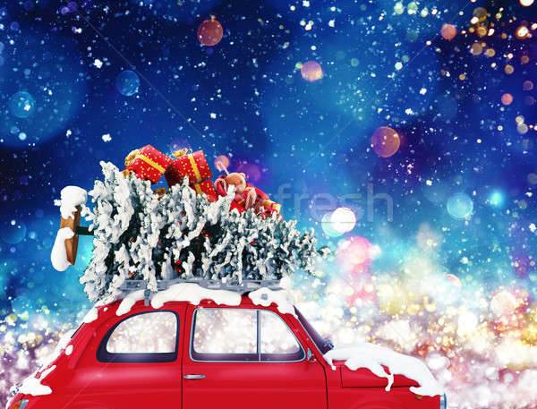 Vintage car with Christmas tree and presents with night light. 3d rendering Stock photo © alphaspirit