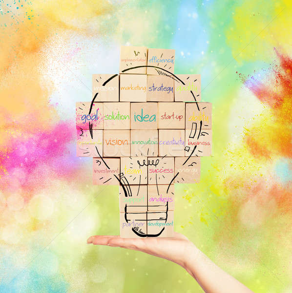 Building a new creative idea. brick wall with drawn lightbulb Stock photo © alphaspirit