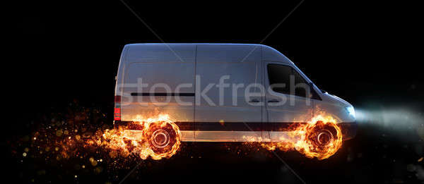 Stock photo: Super fast delivery of package service with van with wheels on fire