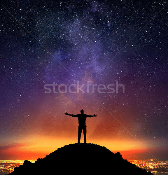 Diadal dicsőség üzletember hegy csillagos ég férfi Stock fotó © alphaspirit