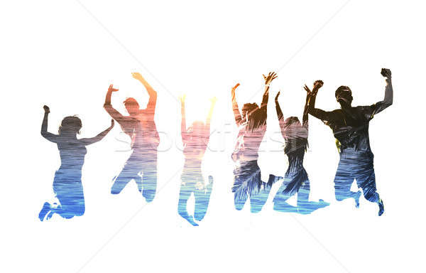Silhouette springen Freunde Strand glücklich Frau Stock foto © alphaspirit