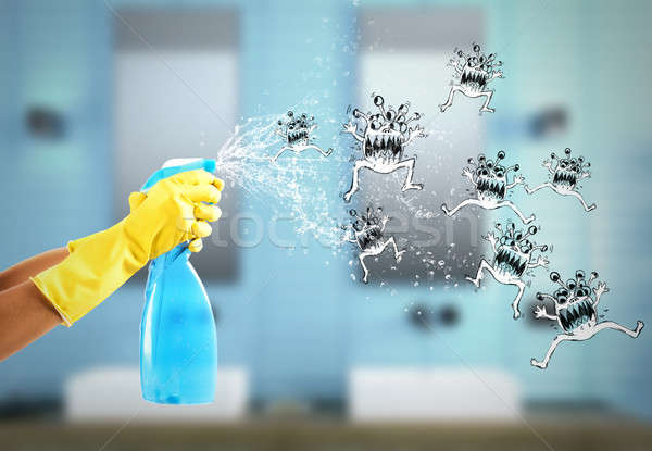 Huisvrouw schoonmaken spray 3D vastbesloten Stockfoto © alphaspirit