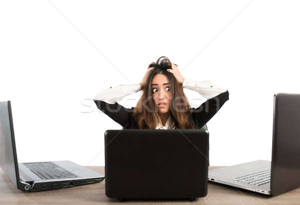 Kobieta interesu pracy front trzy laptop Zdjęcia stock © alphaspirit