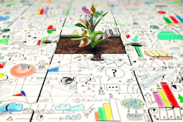 Plant with money grows from a missing piece of puzzle Stock photo © alphaspirit