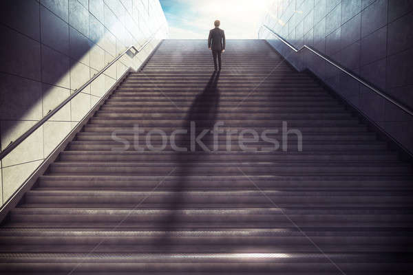 Foto stock: Negocios · 3D · hombre · escaleras · ciudad
