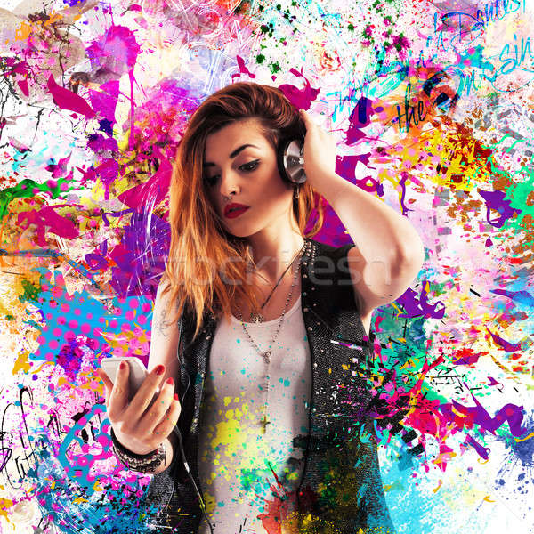 Farbenreich Wirkung Musik Mädchen Musik hören Stock foto © alphaspirit