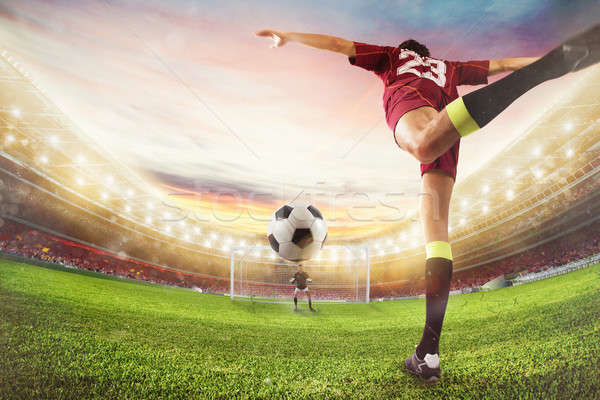 Soccer striker hits the ball with an acrobatic kick. 3D Rendering Stock photo © alphaspirit
