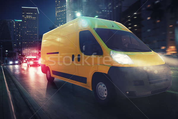 Fast van on a city road delivering at night. 3D Rendering Stock photo © alphaspirit