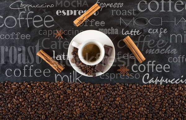 Background of cup coffee beans with cinnamon and anise Stock photo © alphaspirit