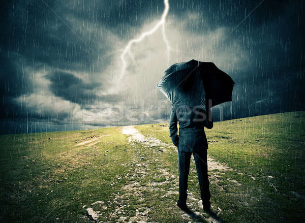 út férfi esernyő mező eső üzletember Stock fotó © alphaspirit