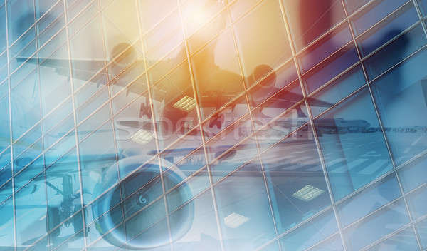 Take off of an aircraft with double exposure of airport Stock photo © alphaspirit