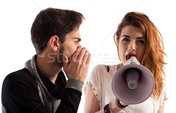 Segreto uomo parlando orecchio un altro ragazza Foto d'archivio © alphaspirit