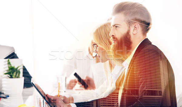 Businessman in office connected to internet network. concept of startup company. double exposure Stock photo © alphaspirit