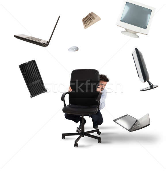 Stockfoto: Zakenman · angst · computers · technologie · achter · stoel