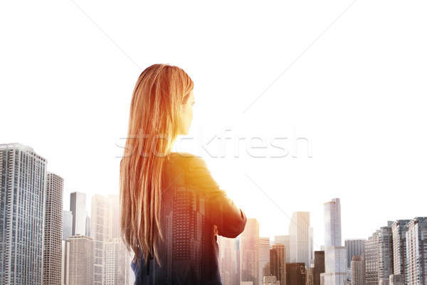 Geschäftsfrau Aussehen weit Zukunft Double Belichtung Stock foto © alphaspirit