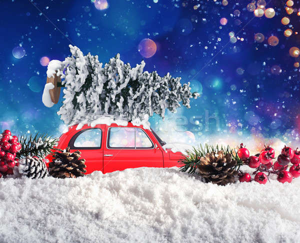 Vintage Car that transport a Christmas tree Stock photo © alphaspirit