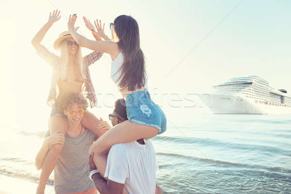 Happy smiling couples who travel by cruiseship. Concept of holiday and summertime Stock photo © alphaspirit