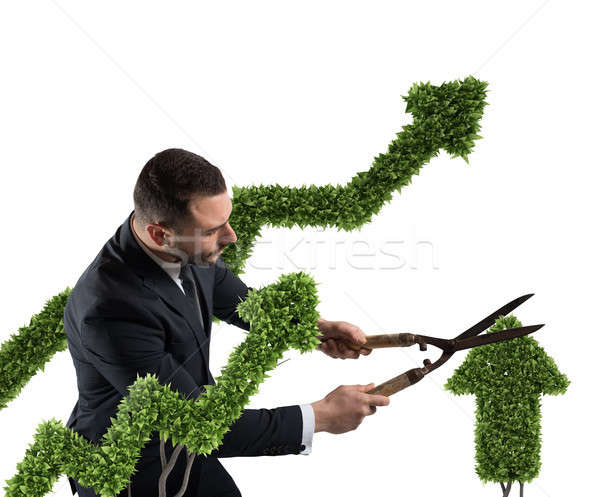 Businessman that cuts and adjusts a plant shaped like an arrow stats. Concept of startup company . 3 Stock photo © alphaspirit