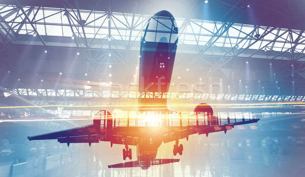 Take off of an aircraft with double exposure of airport Stock photo © alphaspirit