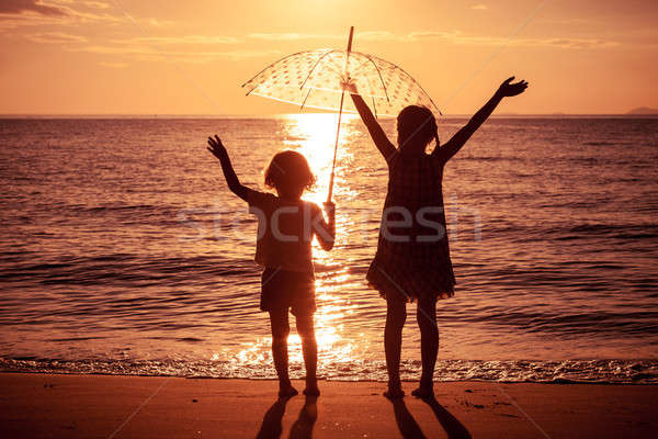 Foto d'archivio: Felice · bambini · giocare · spiaggia · tramonto · tempo