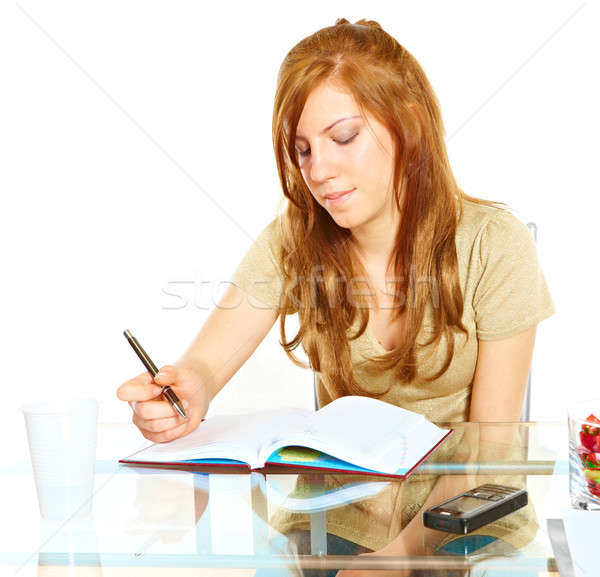 Student meisje notebook leren bureau pen Stockfoto © Amaviael