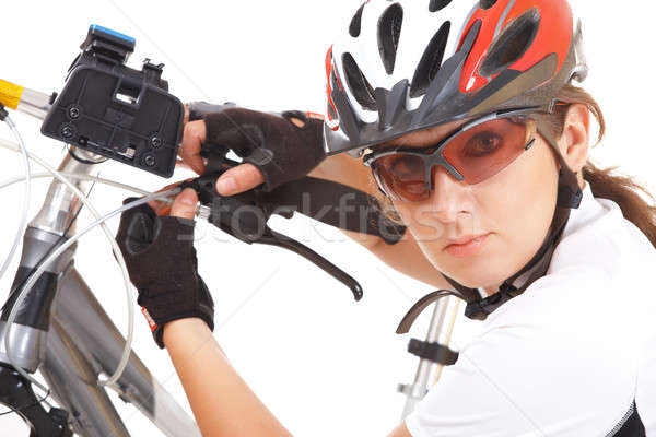Menina ciclista reparar bicicleta mulher jovem Foto stock © Amaviael