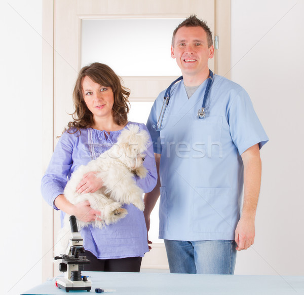 [[stock_photo]]: Vétérinaire · chien · client · souriant · femme