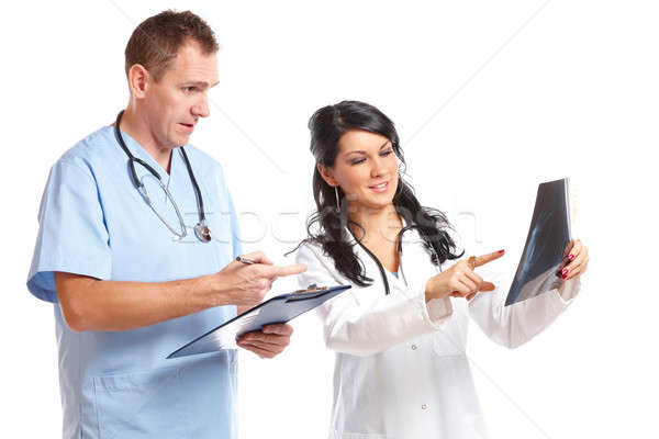 Zdjęcia stock: Dwa · lekarzy · patrząc · pacjenta · xray · szczęśliwy