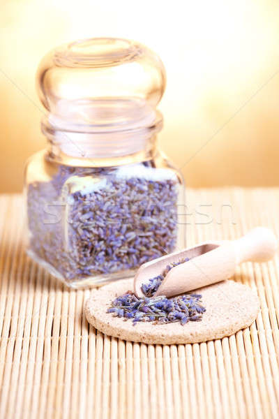 Secado lavanda pétalos cuchara de madera piedra vidrio Foto stock © Amaviael