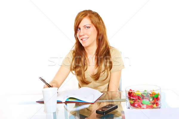 Estudiante nina cuaderno sonriendo aprendizaje escritorio Foto stock © Amaviael